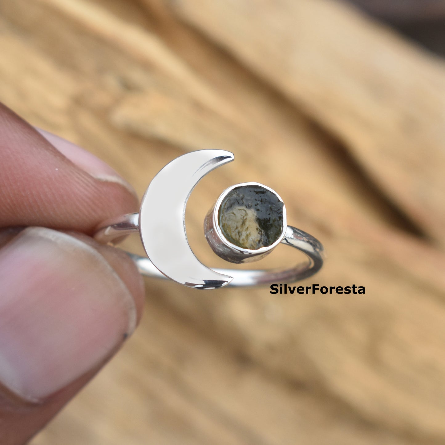 Natural Moldavite Meteorite Ring - 925 Sterling Silver Jewelry