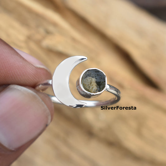 Natural Moldavite Meteorite Ring - 925 Sterling Silver Jewelry