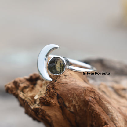 Natural Moldavite Meteorite Ring - 925 Sterling Silver Jewelry