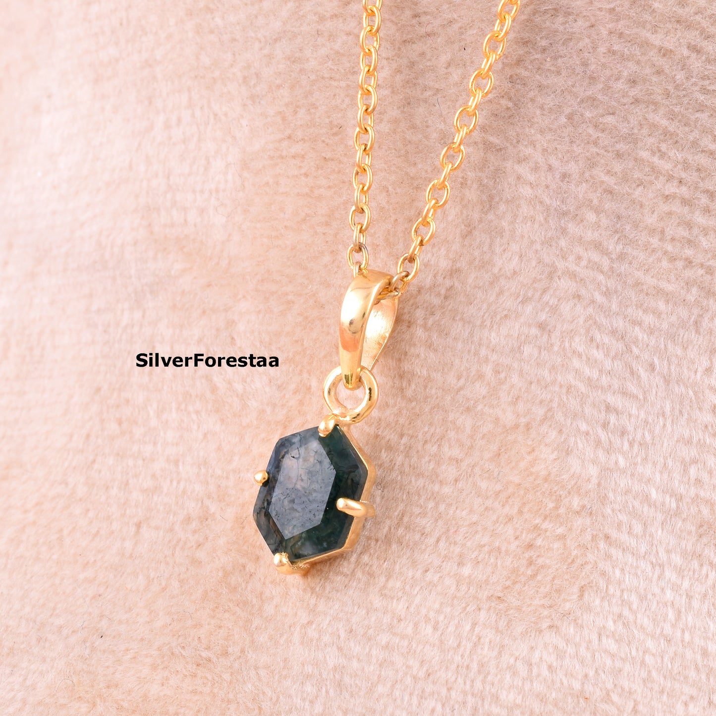 Moss Agate Gemstone Necklace 925 Silver Pendant - SilverForestaa