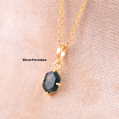 Moss Agate Gemstone Necklace 925 Silver Pendant - SilverForestaa