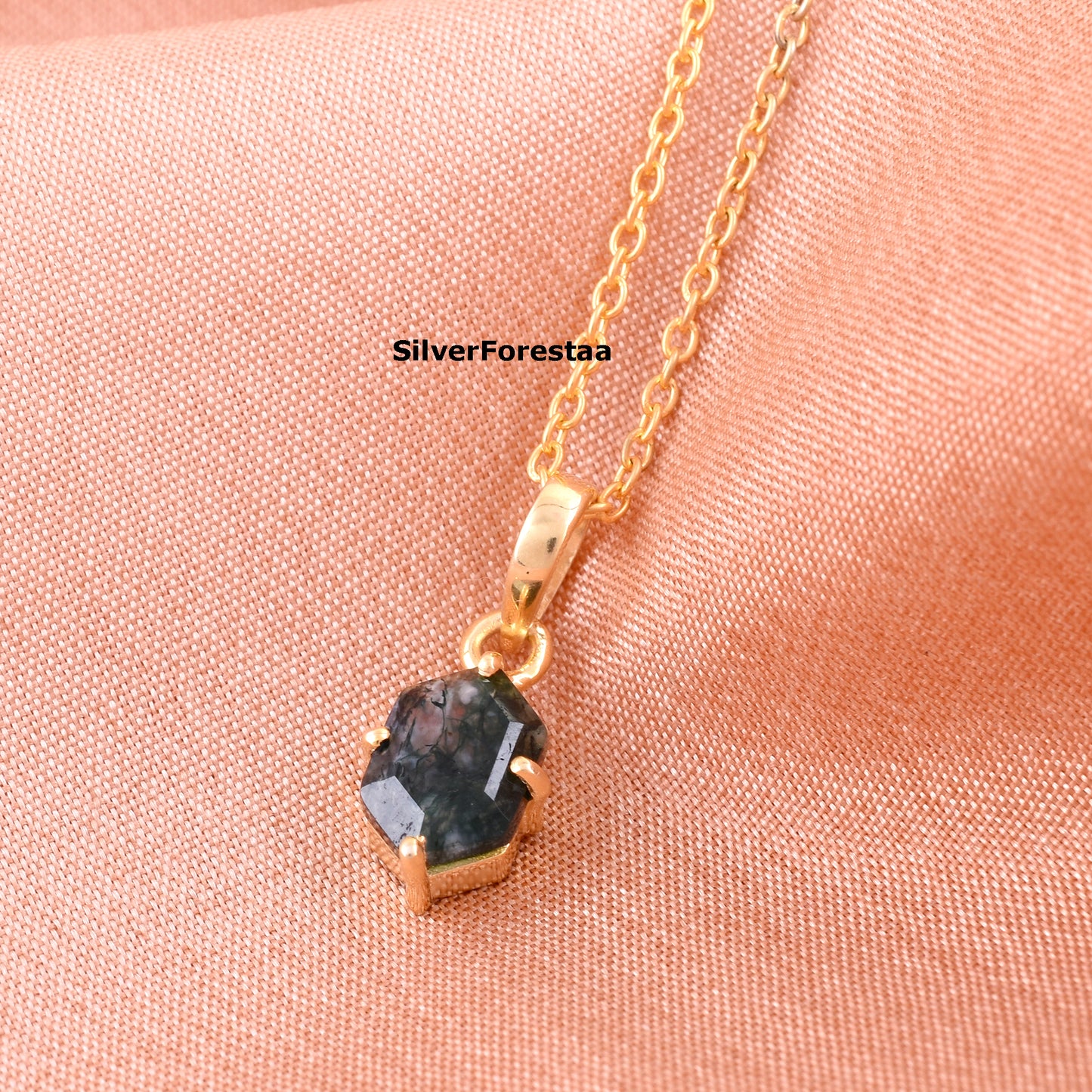 Moss Agate Gemstone Necklace 925 Silver Pendant - SilverForestaa