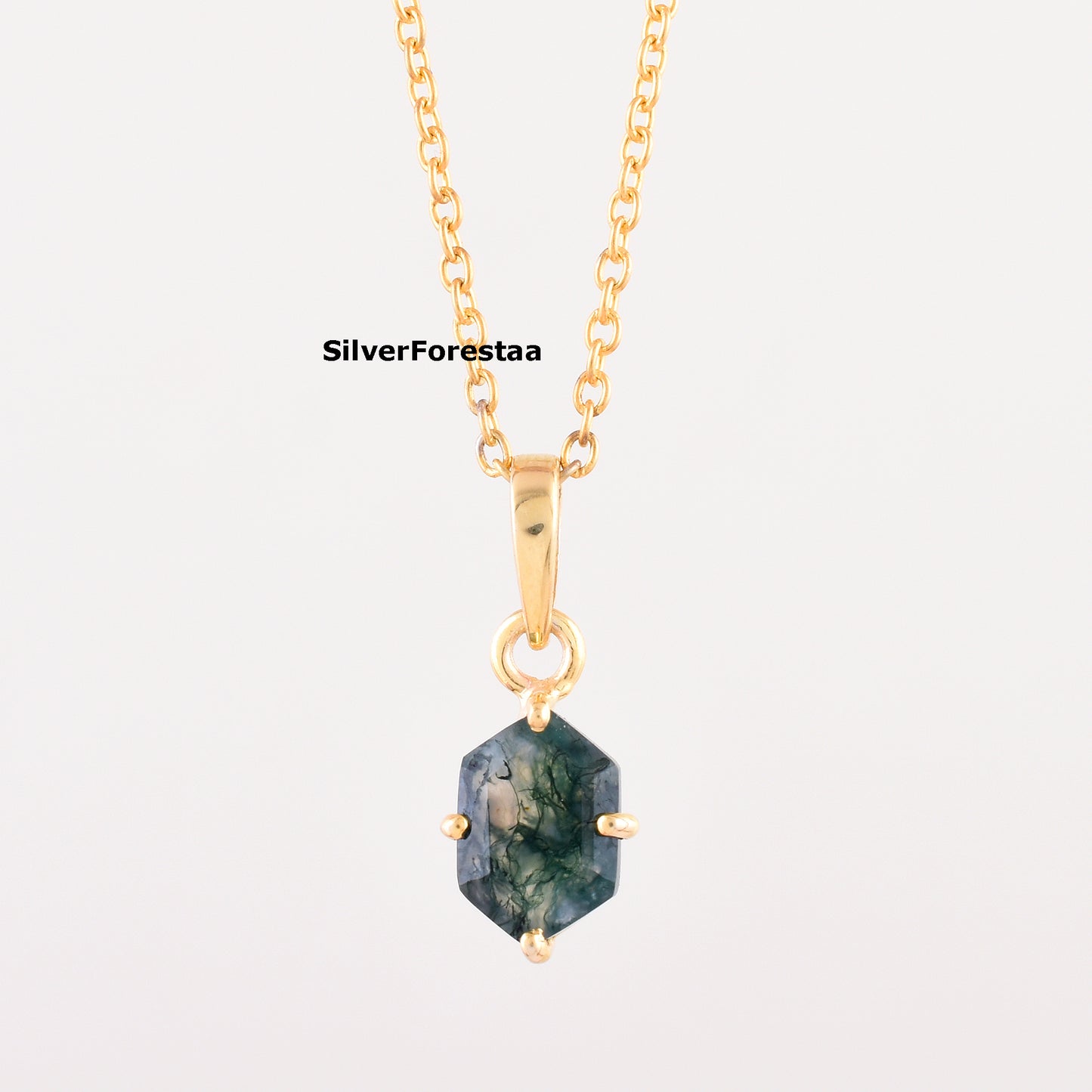 Moss Agate Gemstone Necklace 925 Silver Pendant - SilverForestaa