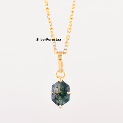 Moss Agate Gemstone Necklace 925 Silver Pendant - SilverForestaa