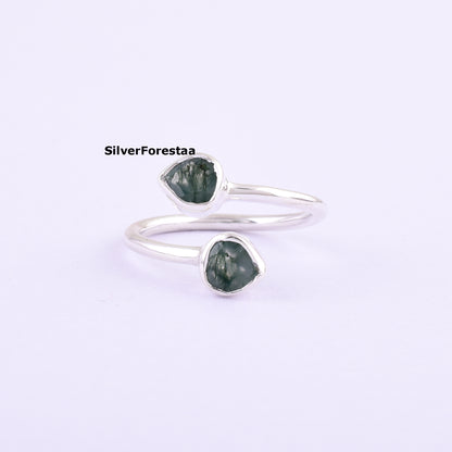 Dainty Double Moss Agate Ring 925 Sterling Silver Jewelry