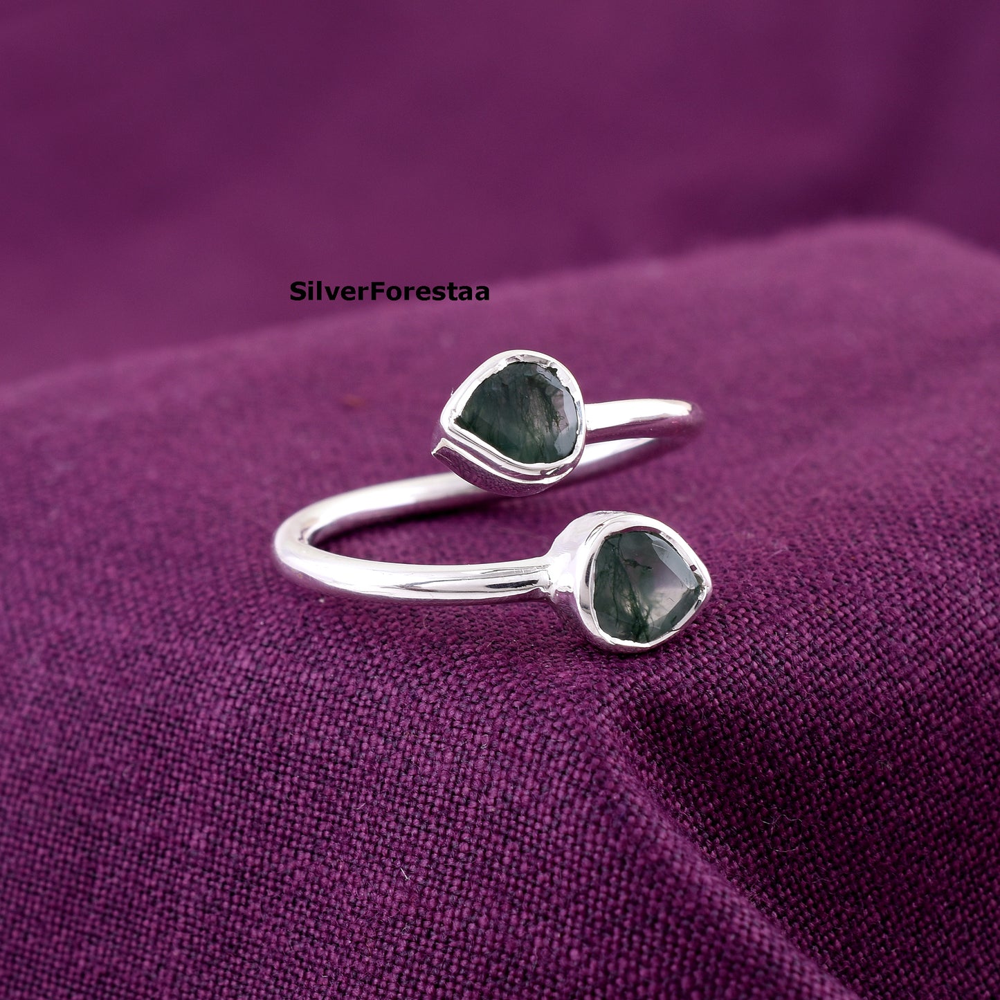 Dainty Double Moss Agate Ring 925 Sterling Silver Jewelry