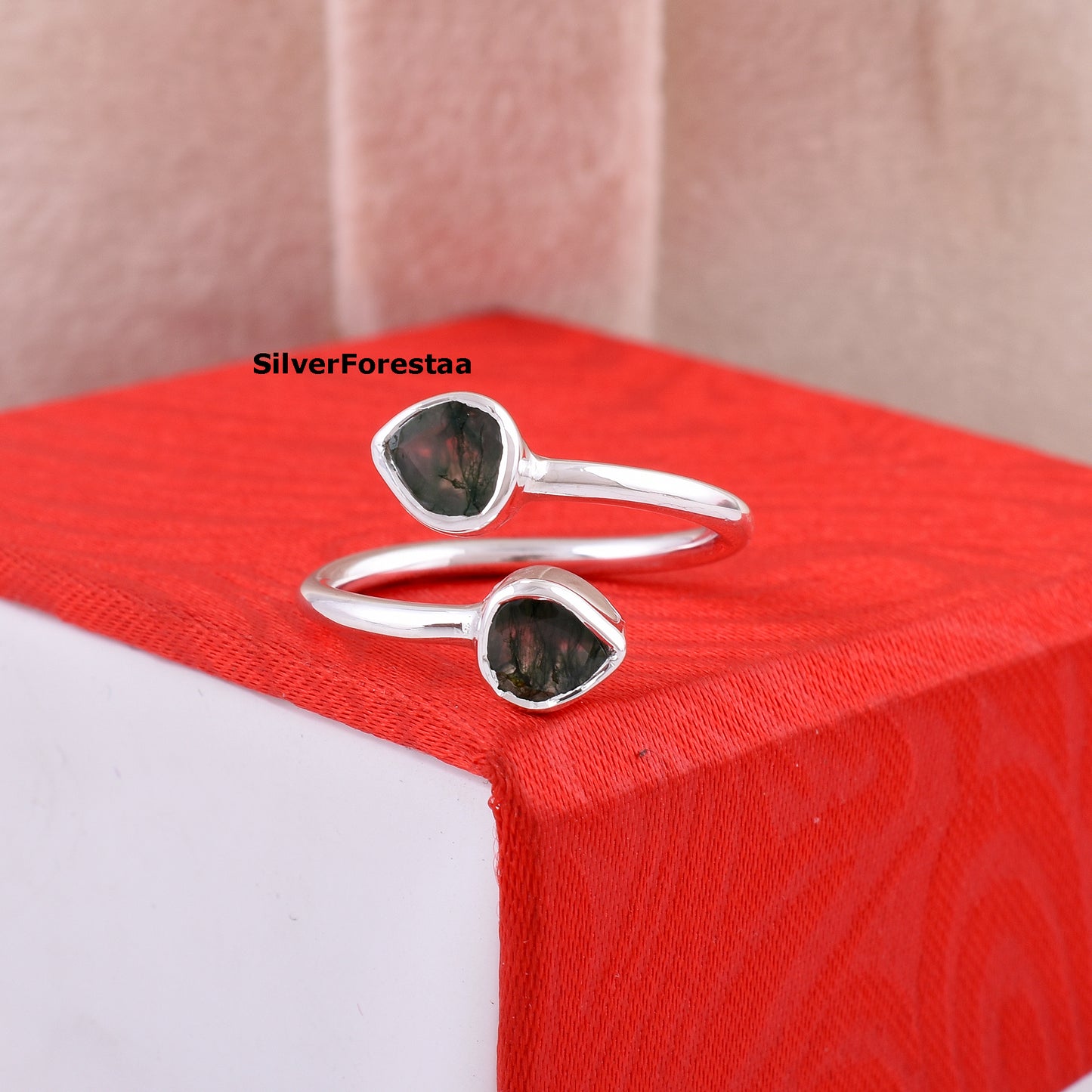 Dainty Double Moss Agate Ring 925 Sterling Silver Jewelry