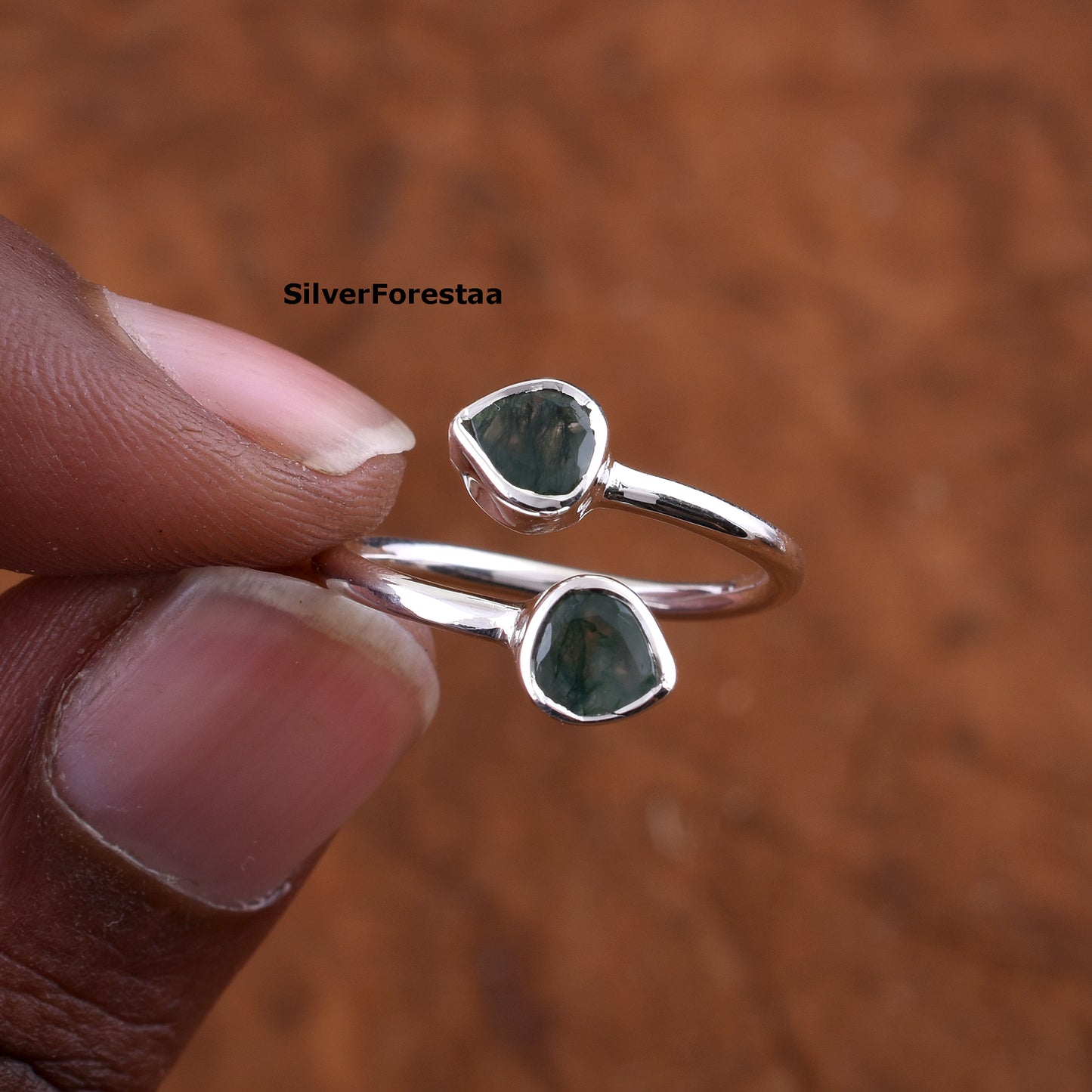 Dainty Double Moss Agate Ring 925 Sterling Silver Jewelry