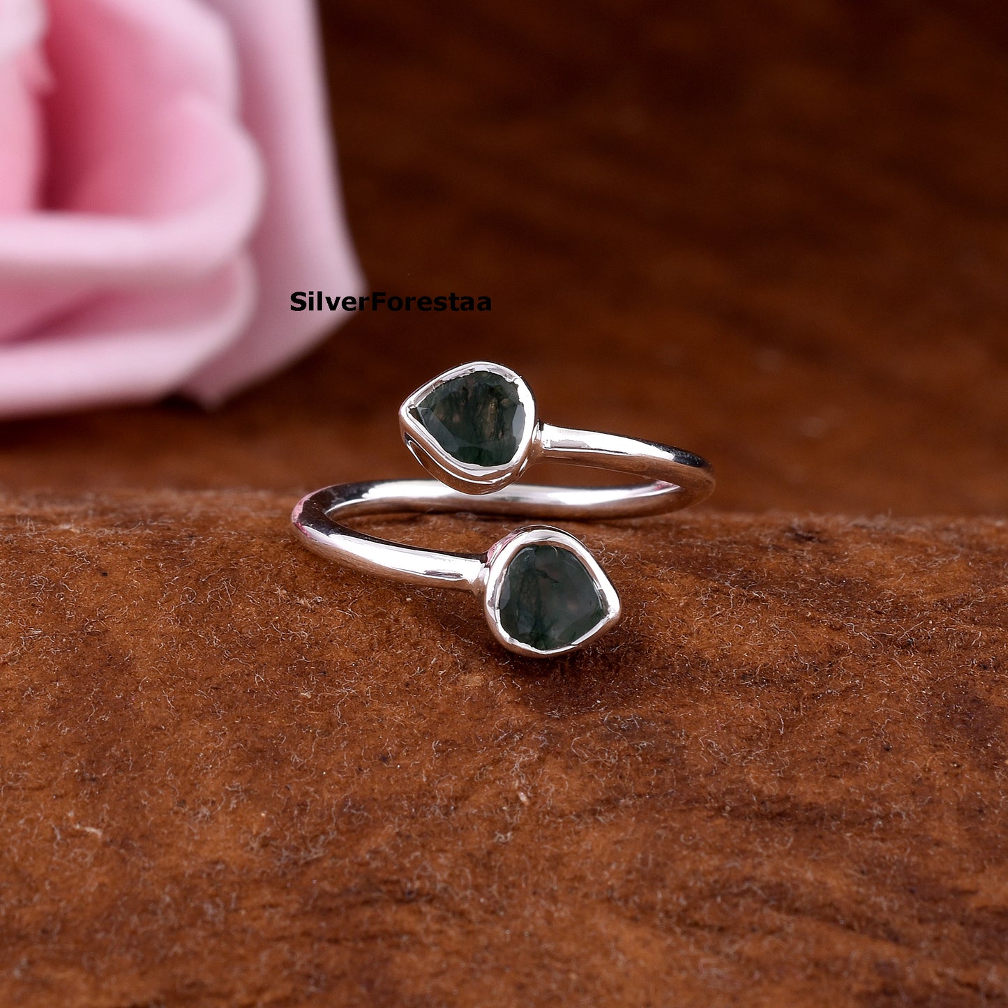 Dainty Double Moss Agate Ring 925 Sterling Silver Jewelry