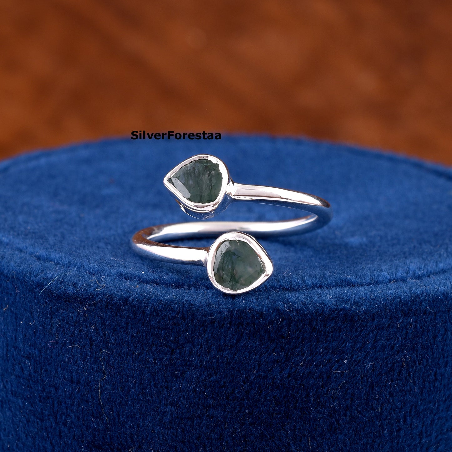 Dainty Double Moss Agate Ring 925 Sterling Silver Jewelry