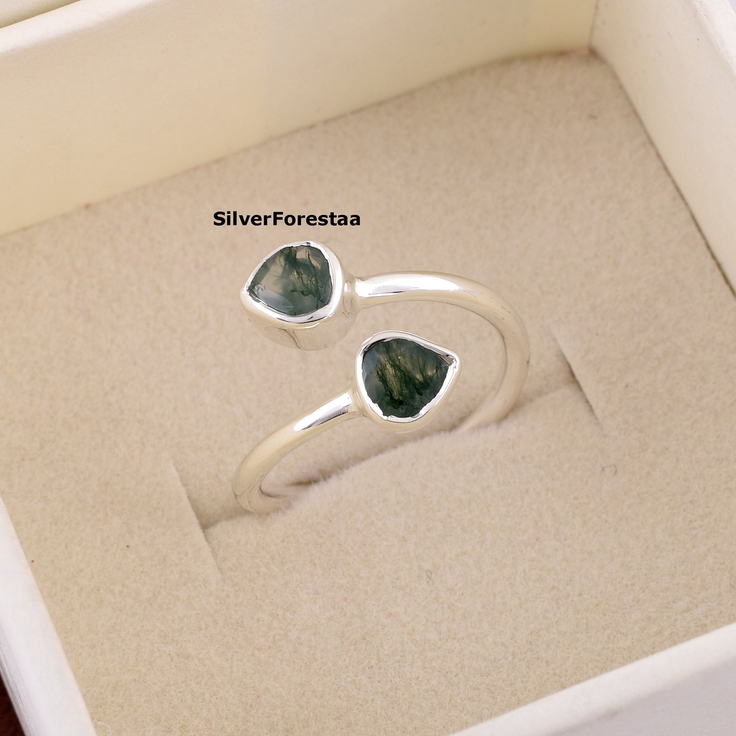 Dainty Double Moss Agate Ring 925 Sterling Silver Jewelry