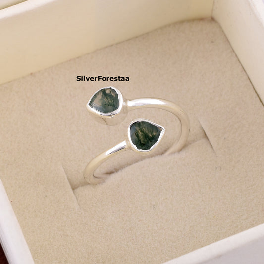 Dainty Double Moss Agate Ring 925 Sterling Silver Jewelry