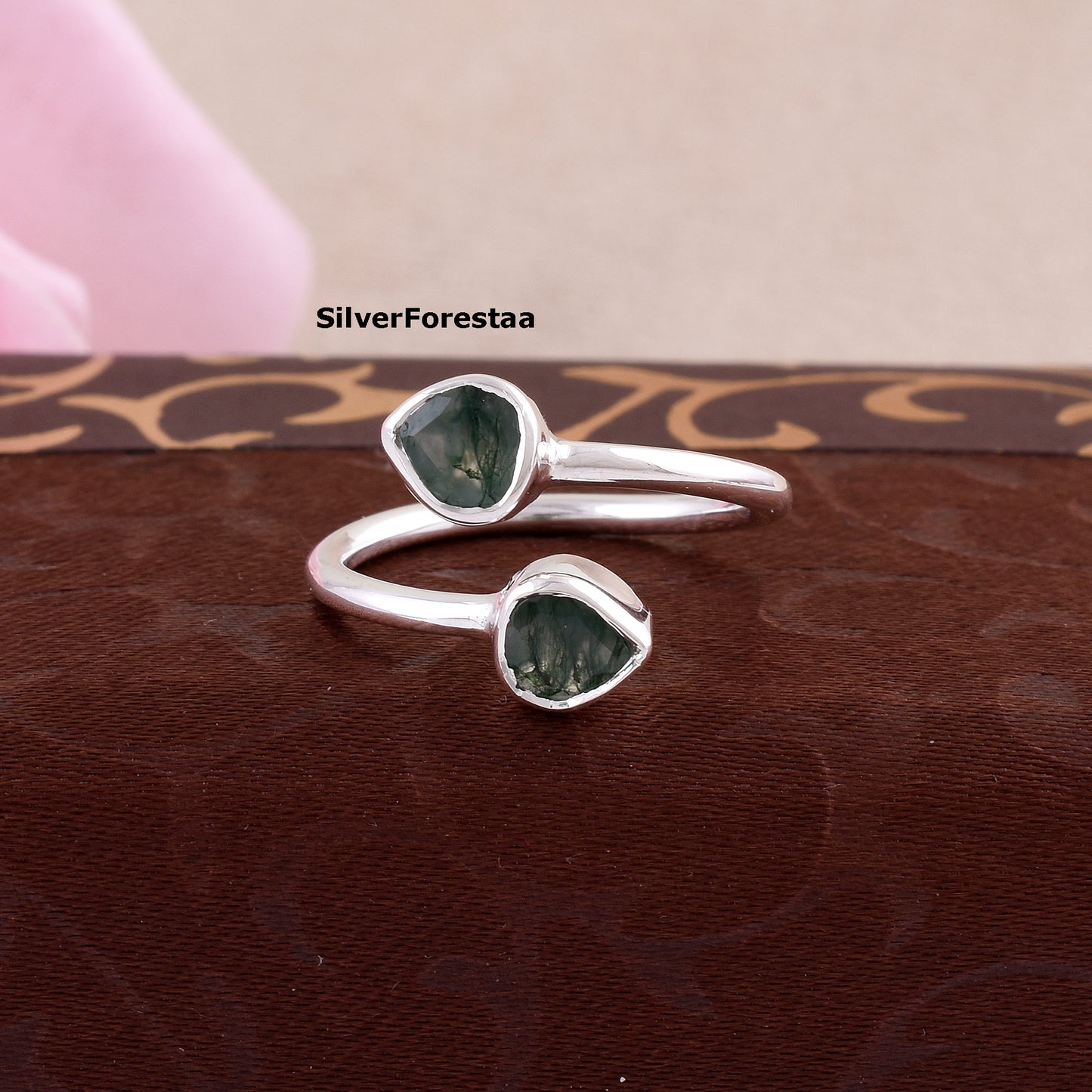 Dainty Double Moss Agate Ring 925 Sterling Silver Jewelry