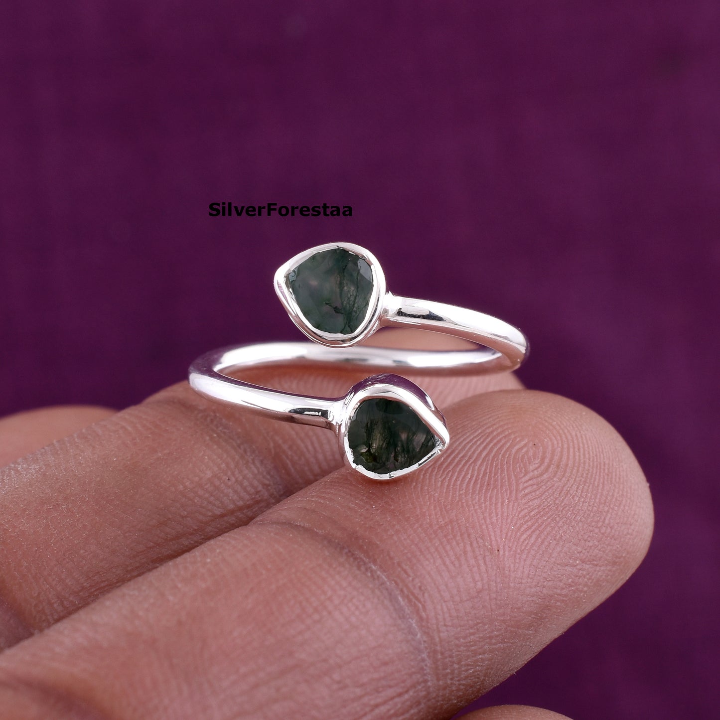 Dainty Double Moss Agate Ring 925 Sterling Silver Jewelry