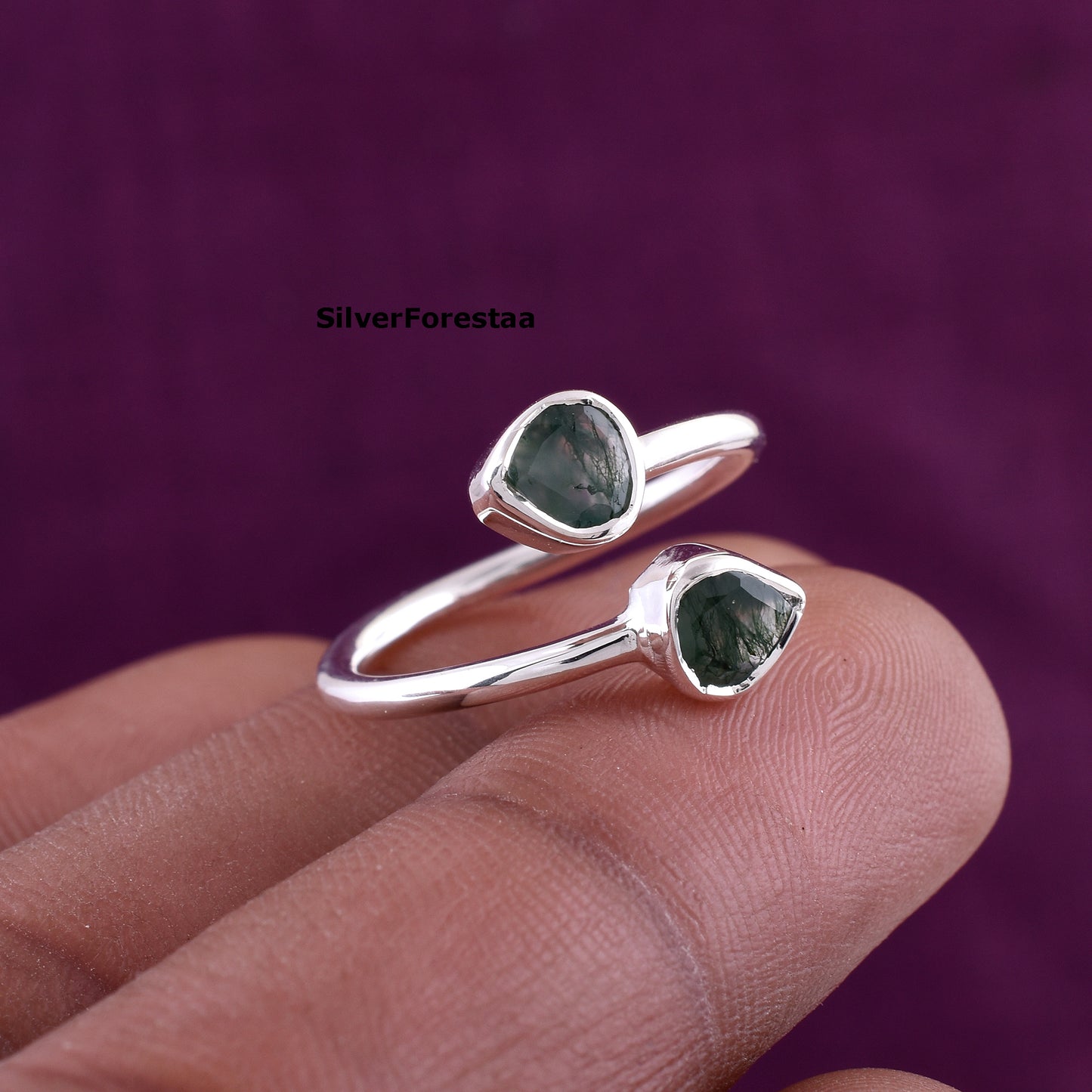 Dainty Double Moss Agate Ring 925 Sterling Silver Jewelry