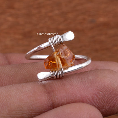 Natural Citrine Raw Stone Ring Handmade Silver Jewelry