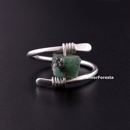 Handcrafted Raw Emerald Gemstone Ring – Sterling Silver Wire Wrap