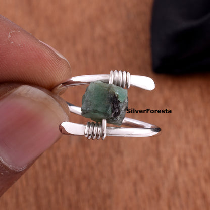 Handcrafted Raw Emerald Gemstone Ring – Sterling Silver Wire Wrap