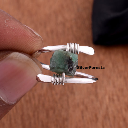 Handcrafted Raw Emerald Gemstone Ring – Sterling Silver Wire Wrap