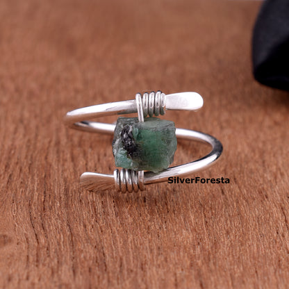 Handcrafted Raw Emerald Gemstone Ring – Sterling Silver Wire Wrap
