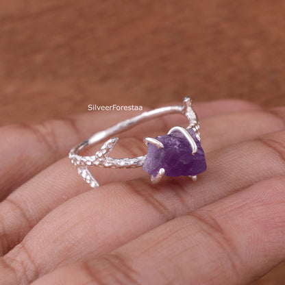 Raw Amethyst Branch Ring in 925 Sterling Silver - SilverForestaa