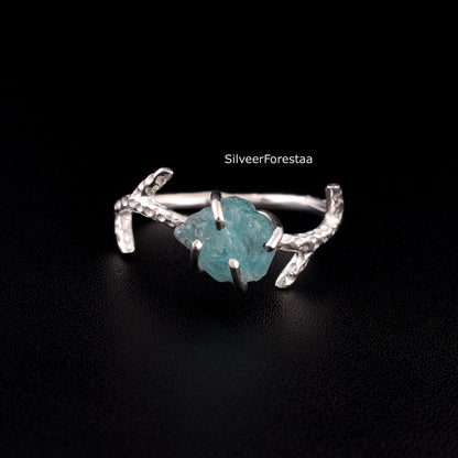 Apatite Gemstone Branch Ring in Sterling Silver - SilverForestaa