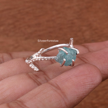 Apatite Gemstone Branch Ring in Sterling Silver - SilverForestaa