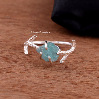 Apatite Gemstone Branch Ring in Sterling Silver - SilverForestaa