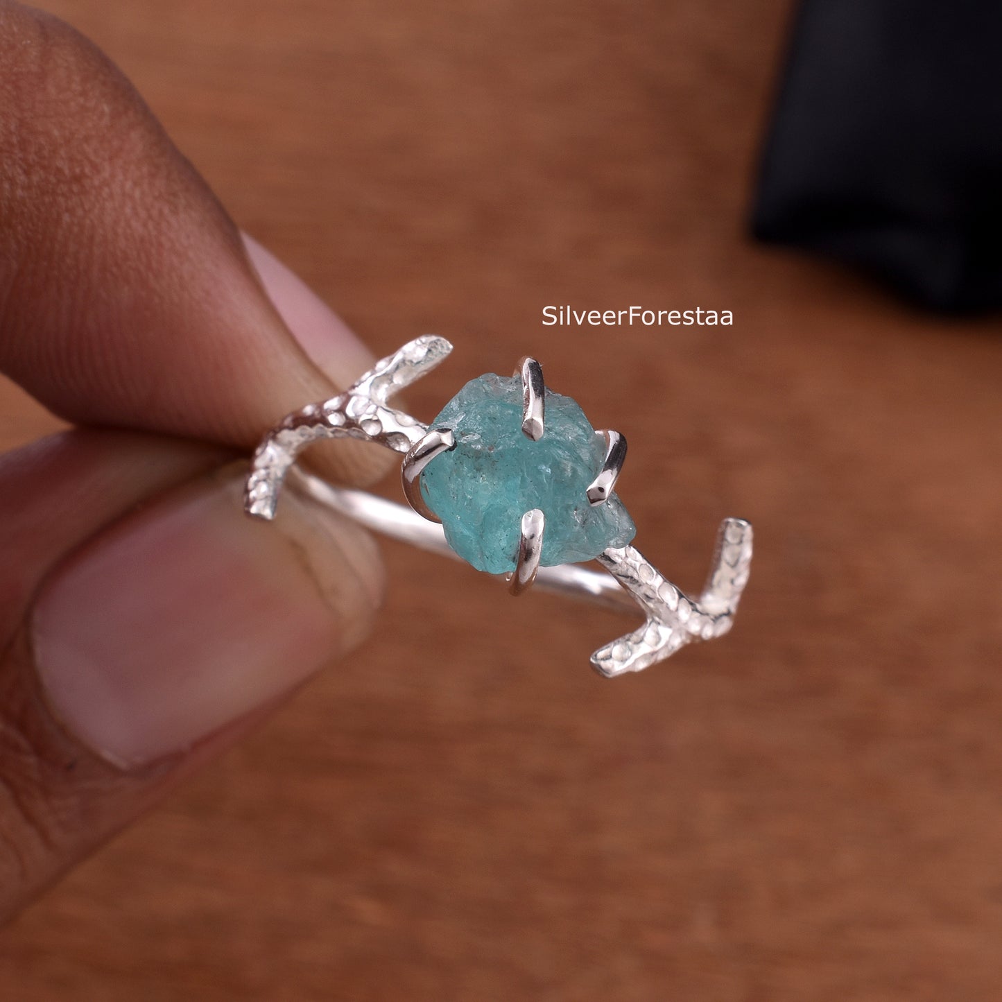 Apatite Gemstone Branch Ring in Sterling Silver - SilverForestaa