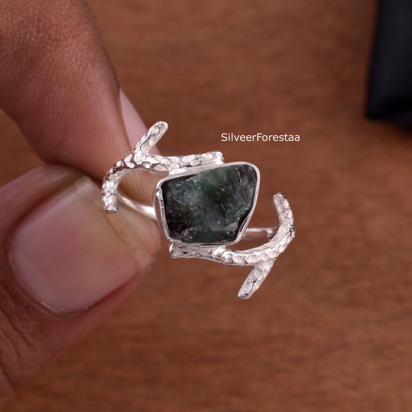 Raw Emerald Branch Ring in 925 Sterling Silver - SilverForestaa