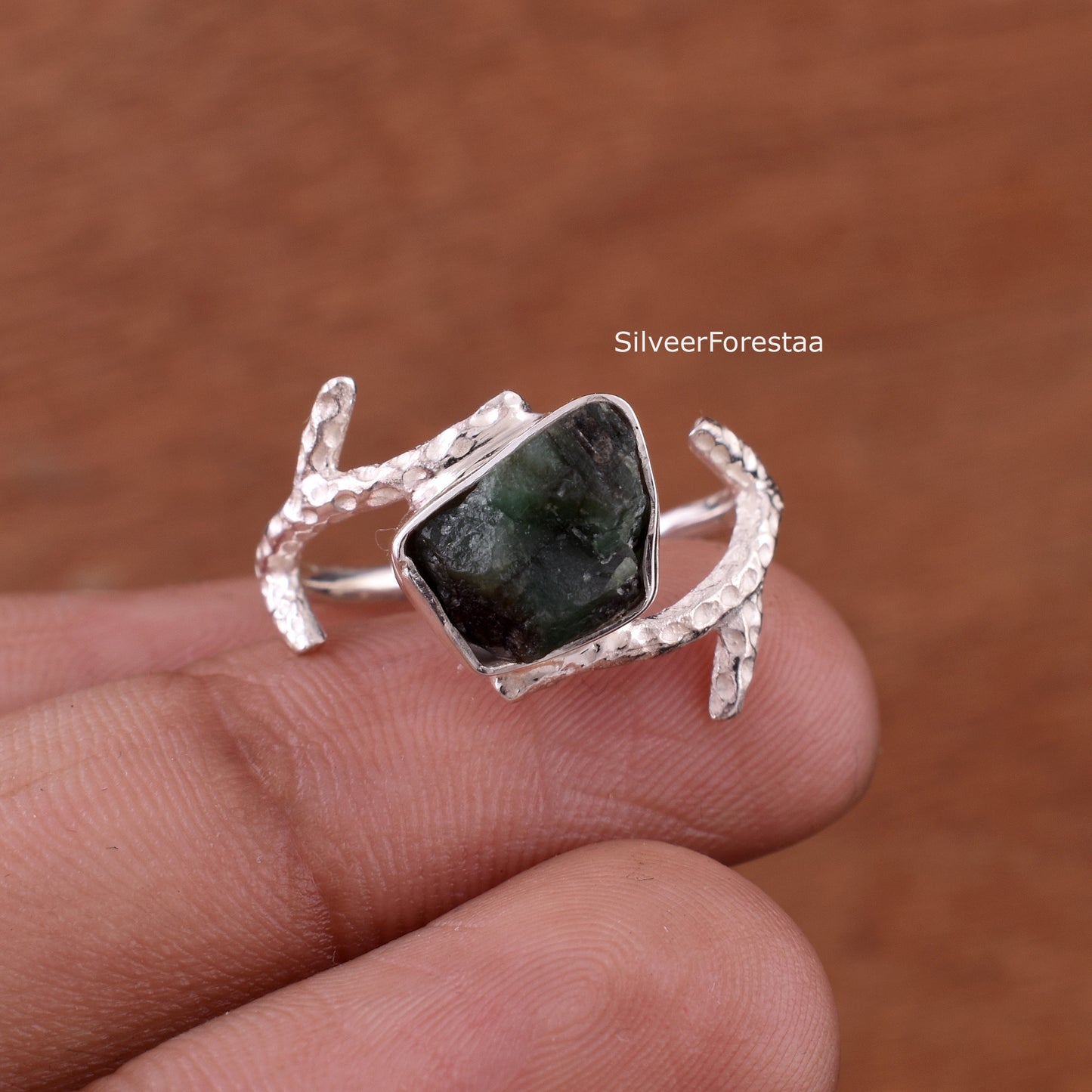 Raw Emerald Branch Ring in 925 Sterling Silver - SilverForestaa