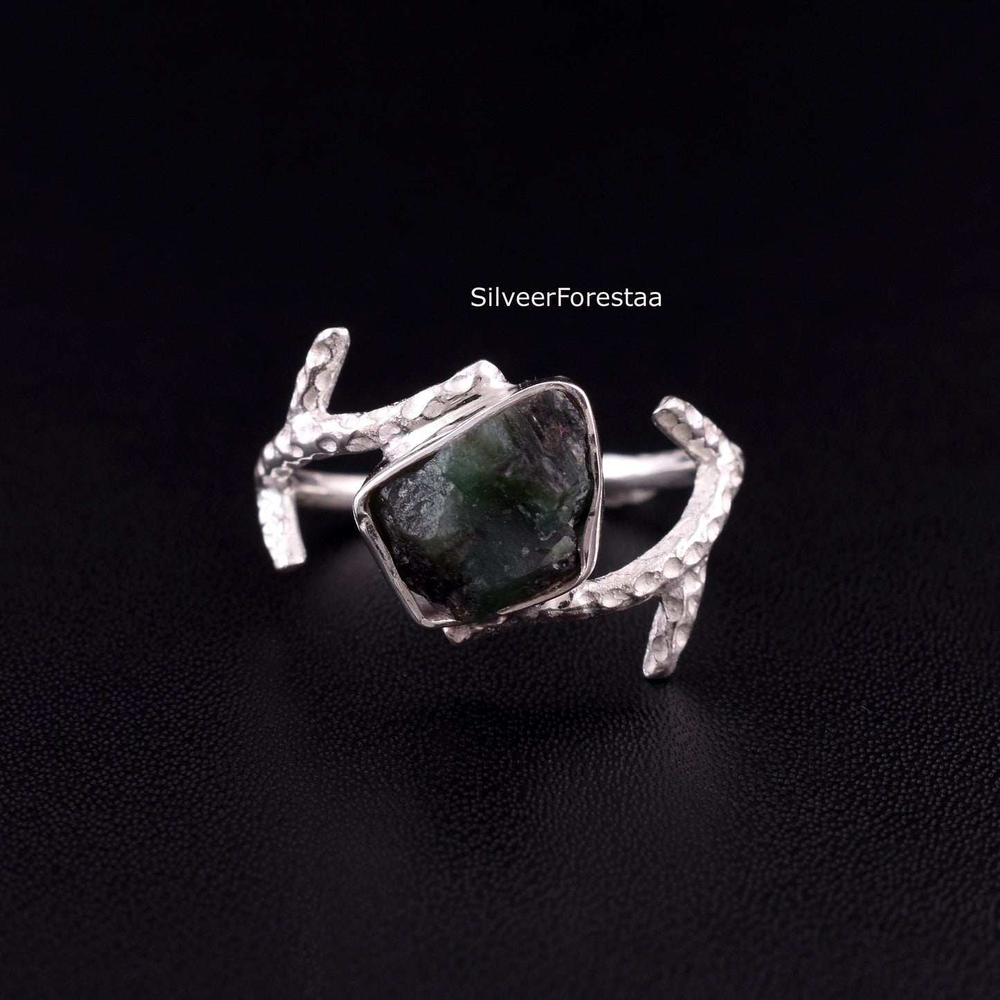 Raw Emerald Branch Ring in 925 Sterling Silver - SilverForestaa