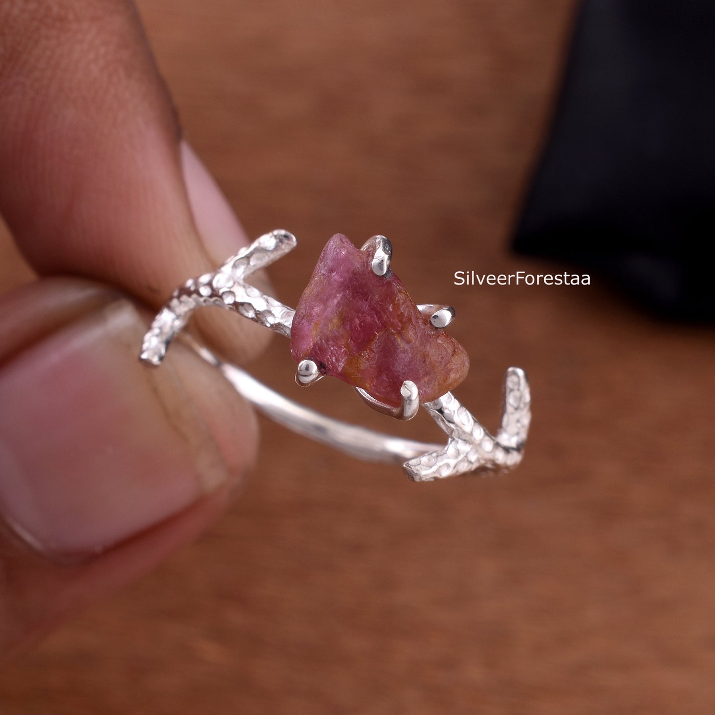 Raw Ruby Branch Ring, Unique Handmade Jewelry