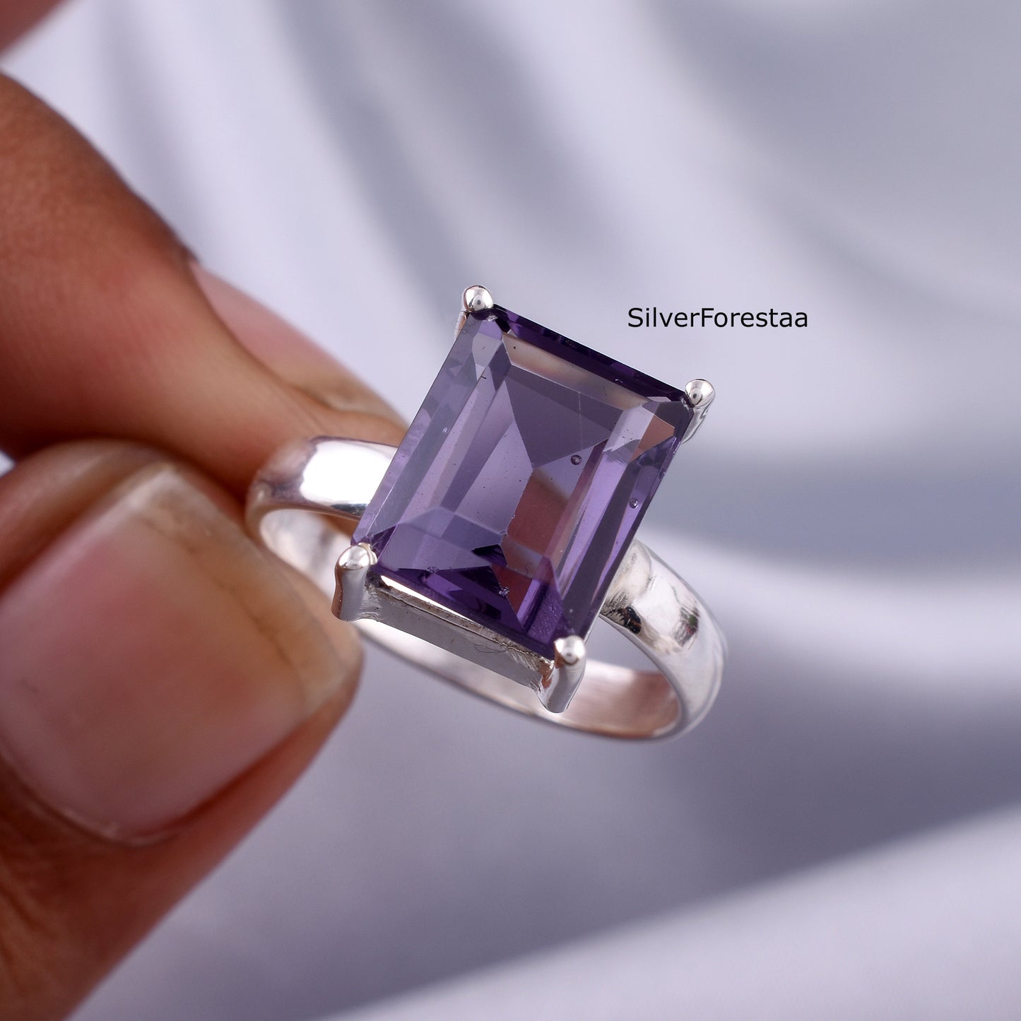 Natural Amethyst Cut Ring in 925 Sterling Silver