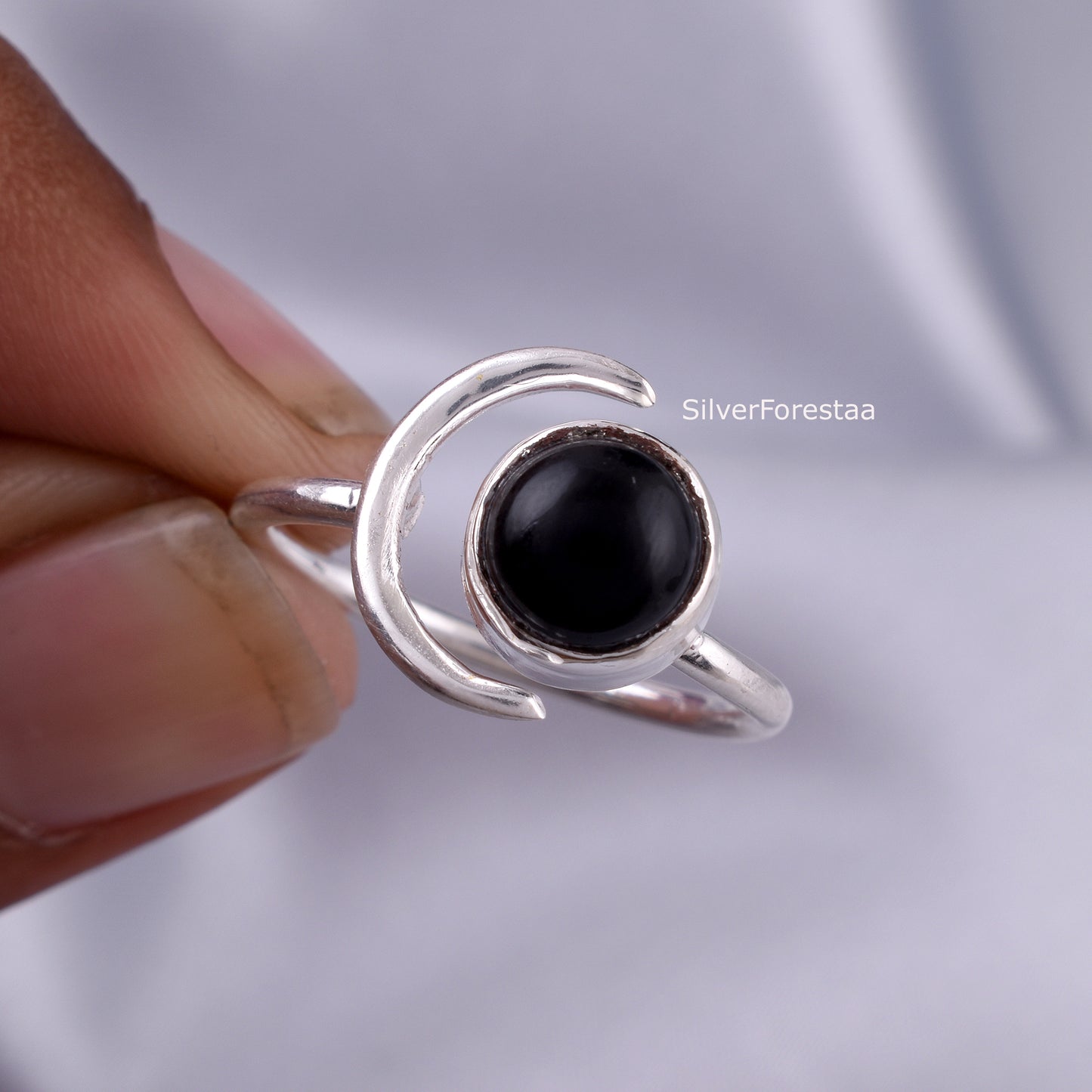 Crescent Moon Black Onyx Ring in 925 Sterling Silver