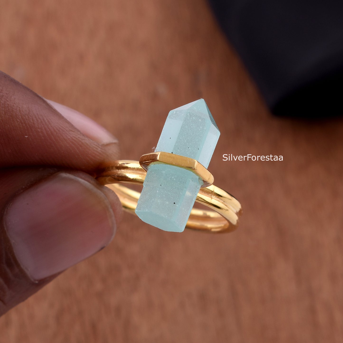 Aqua Chalcedony Pencil Shape Ring – 925 Silver Jewelry