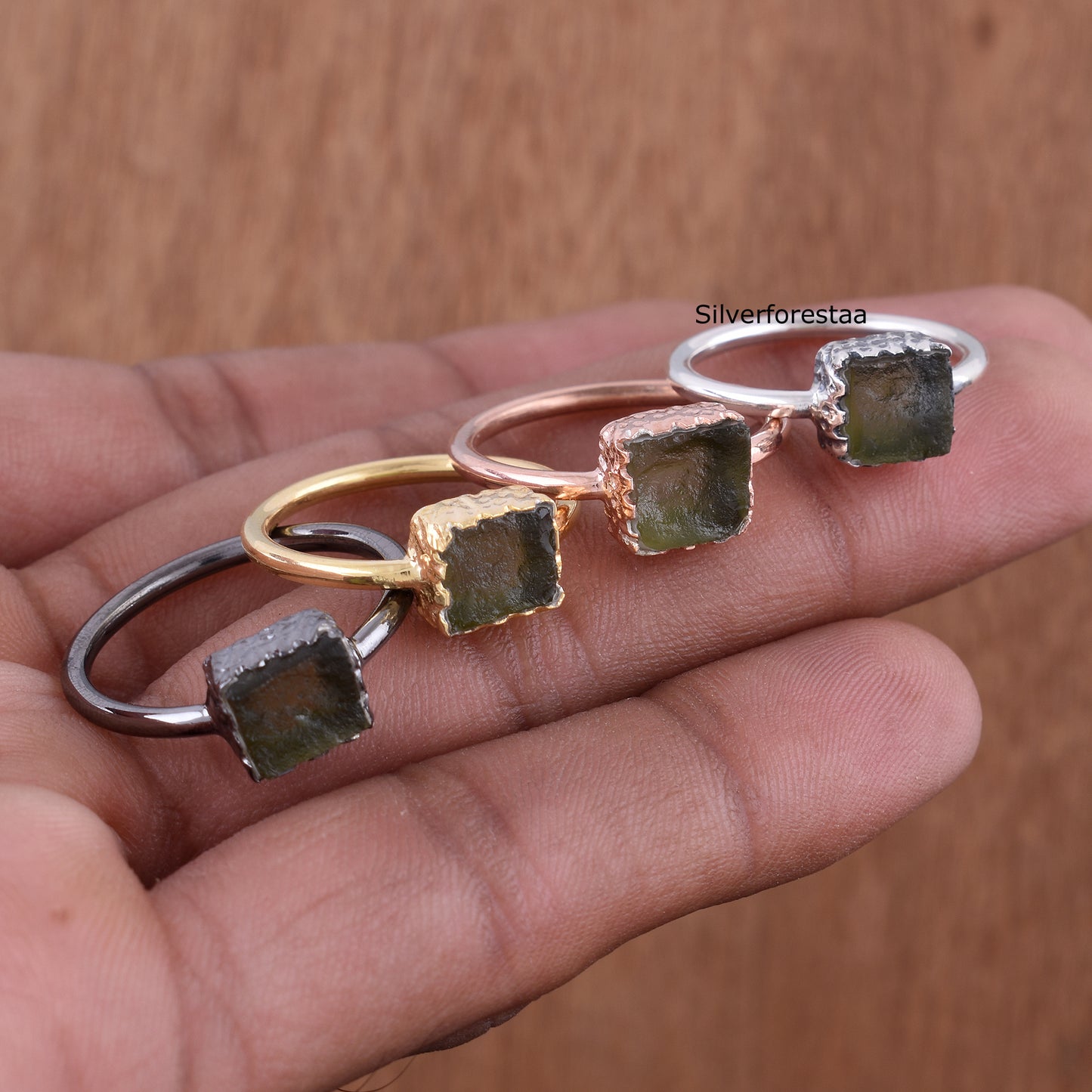 Natural Moldavite Meteorite Rings - 925 Sterling Silver Jewelry