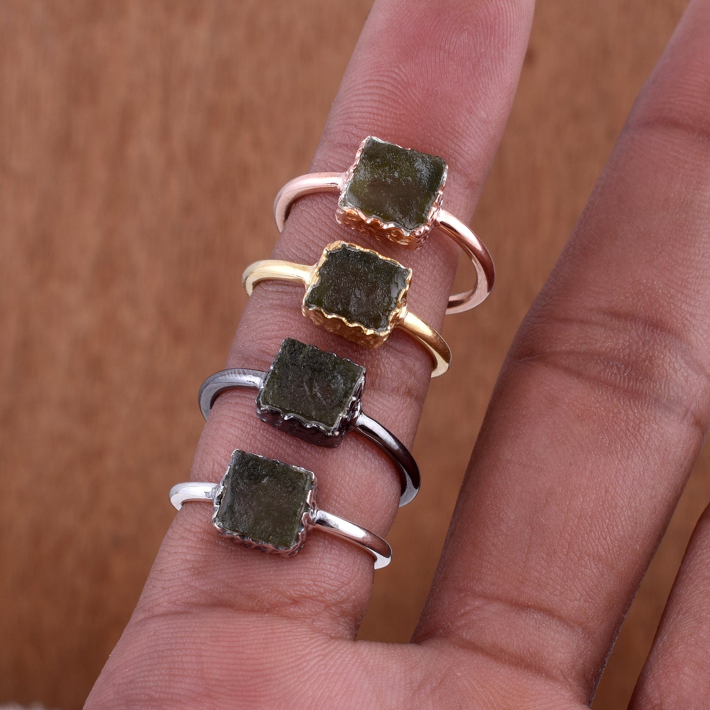 Natural Moldavite Meteorite Rings - 925 Sterling Silver Jewelry