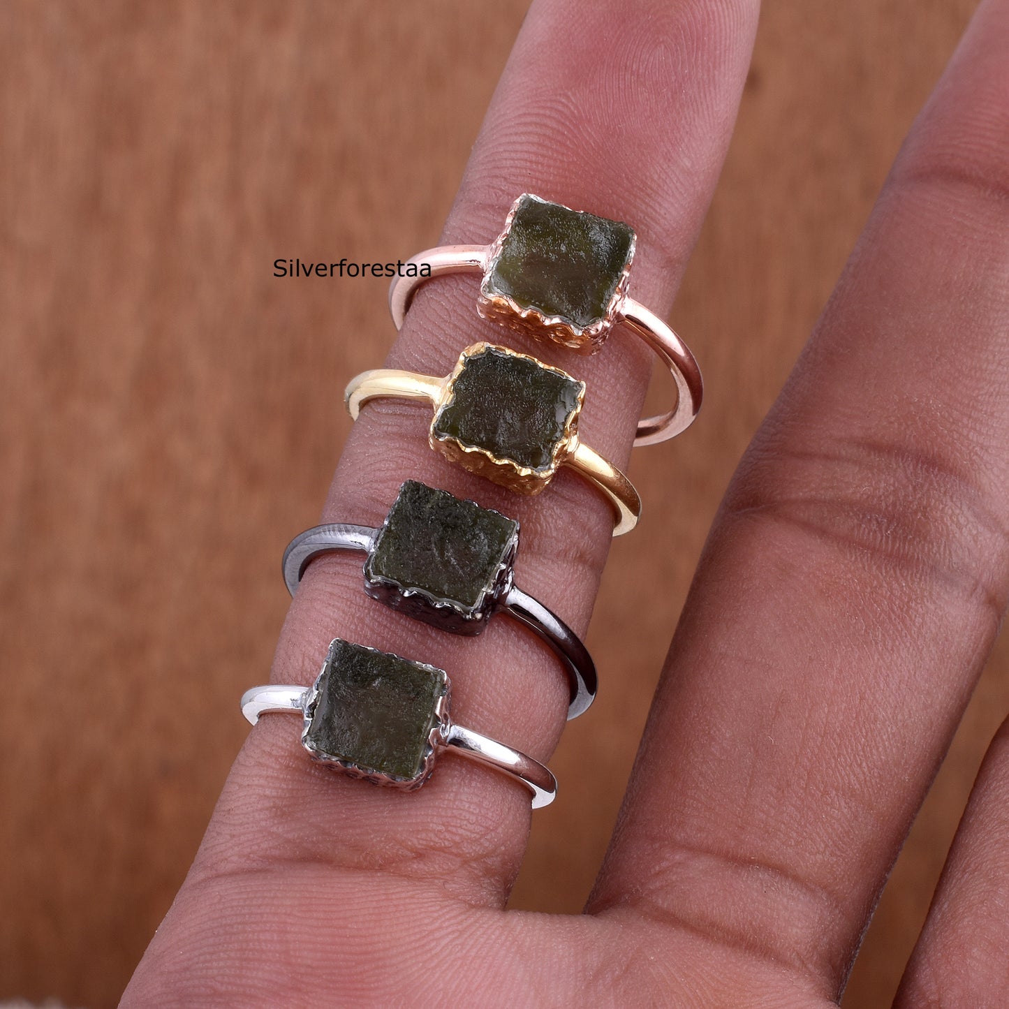 Natural Moldavite Meteorite Rings - 925 Sterling Silver Jewelry