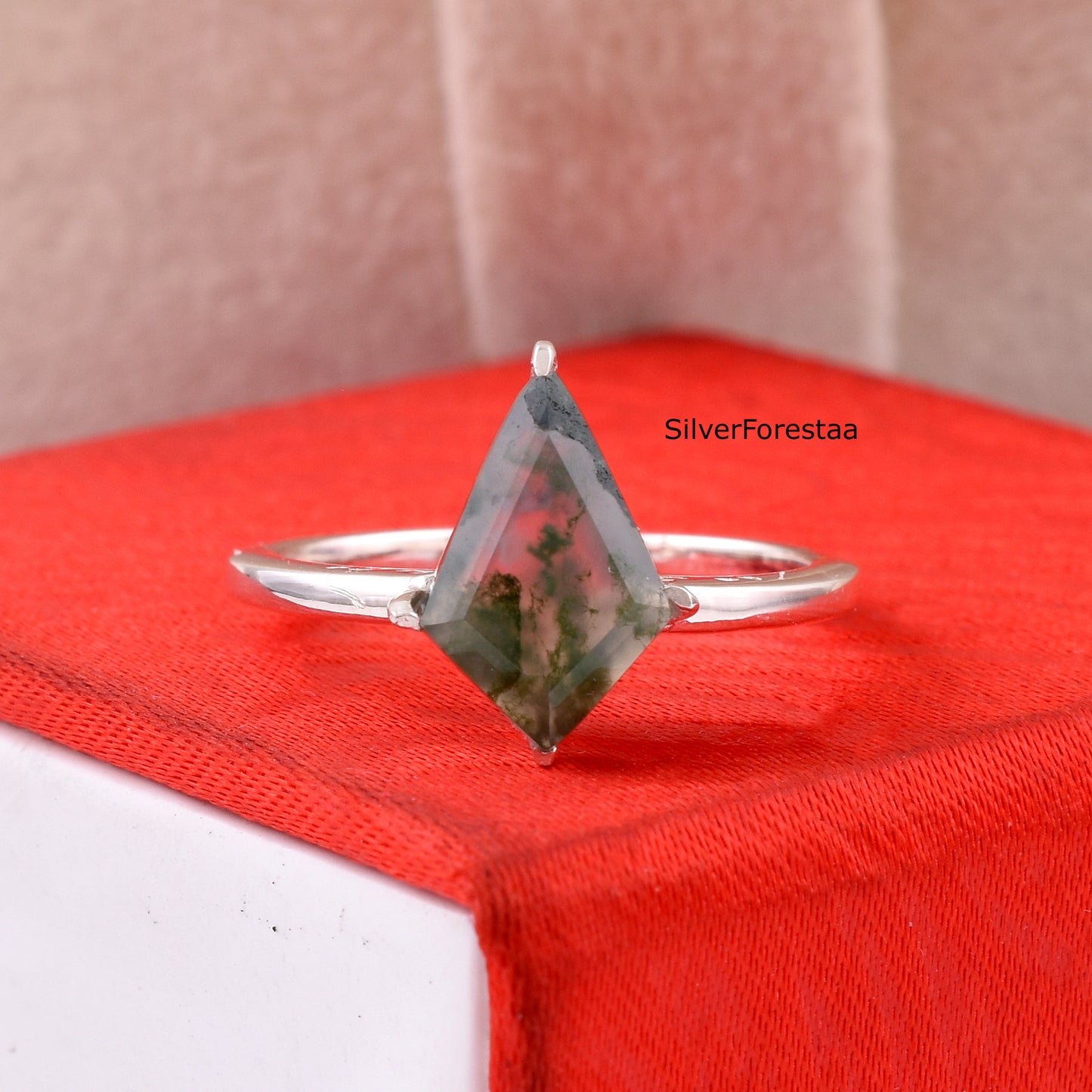 Kite Cut Moss Agate Engagement Ring – 925 Sterling Silver