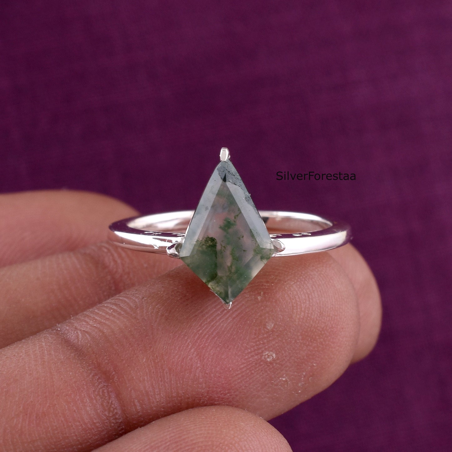 Kite Cut Moss Agate Engagement Ring – 925 Sterling Silver