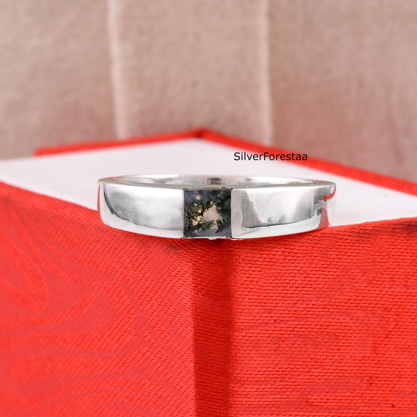 Men’s Moss Agate Signet Ring – Sterling Silver Band