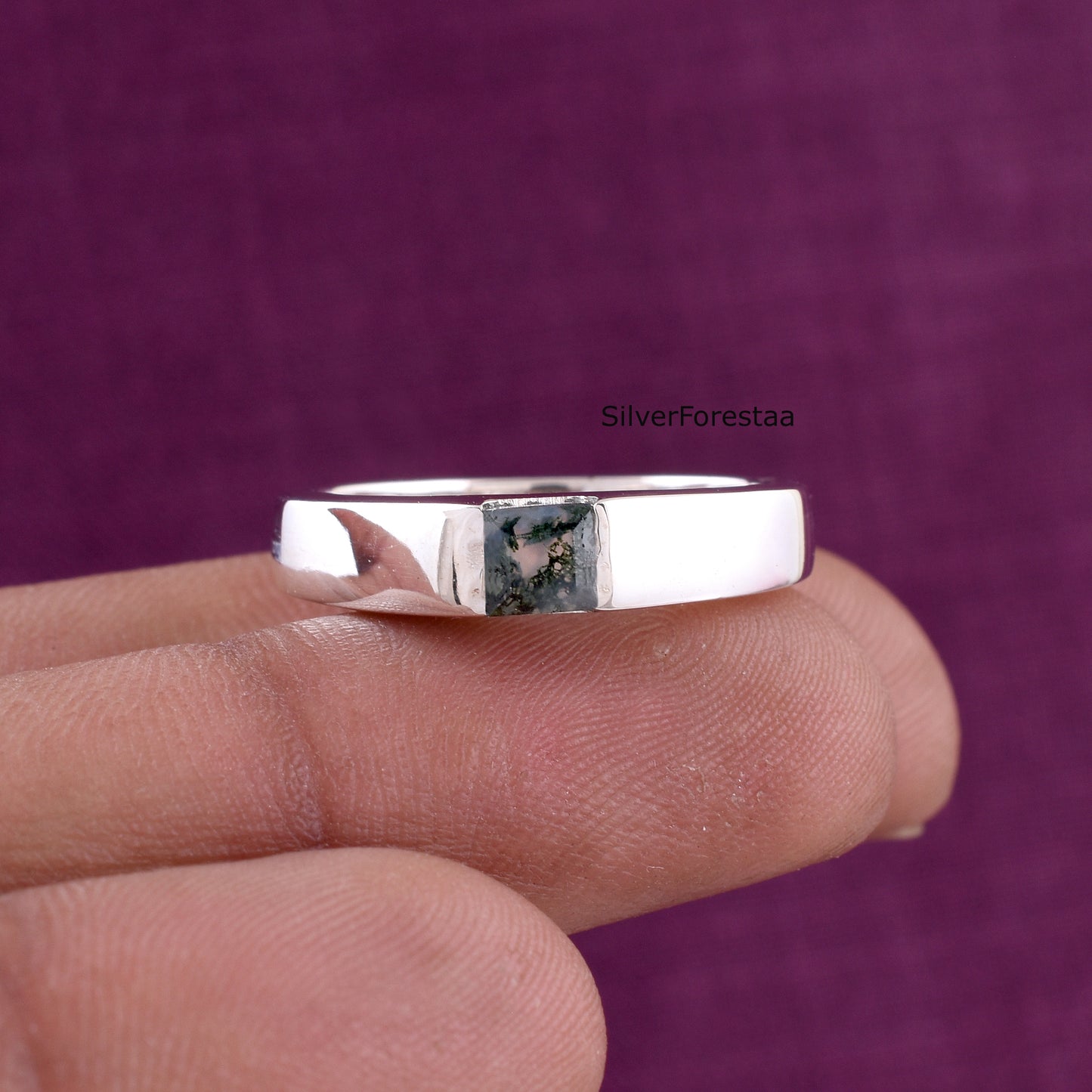 Men’s Moss Agate Signet Ring – Sterling Silver Band