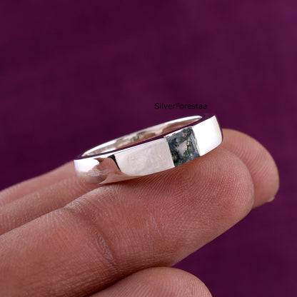 Men’s Moss Agate Signet Ring – Sterling Silver Band