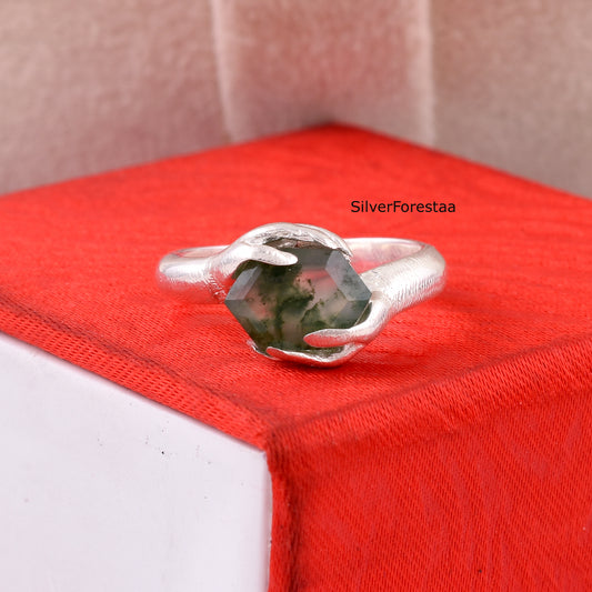 SilverForestaa - Shop Hexagon Moss agate Ring for Her
