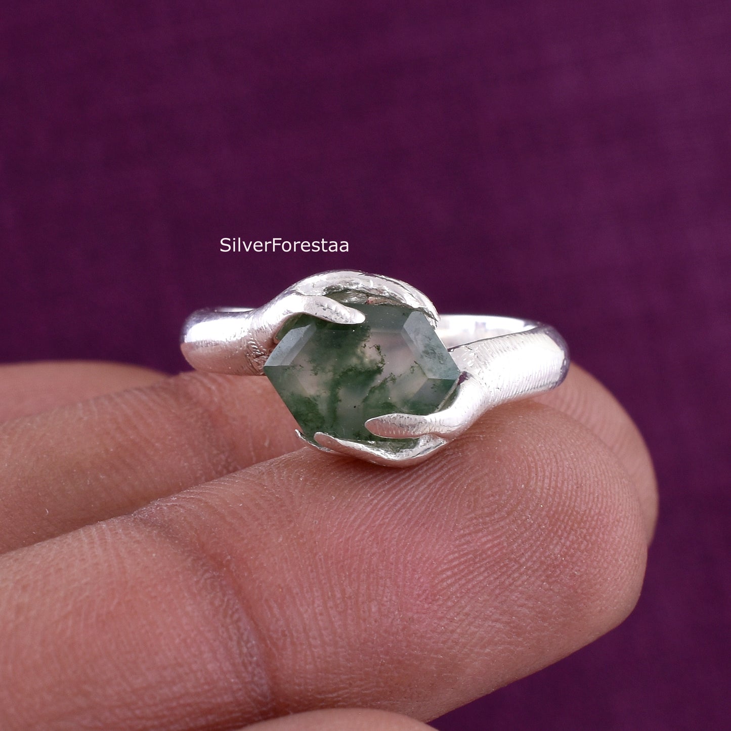 SilverForestaa - Shop Hexagon Moss agate Ring for Her
