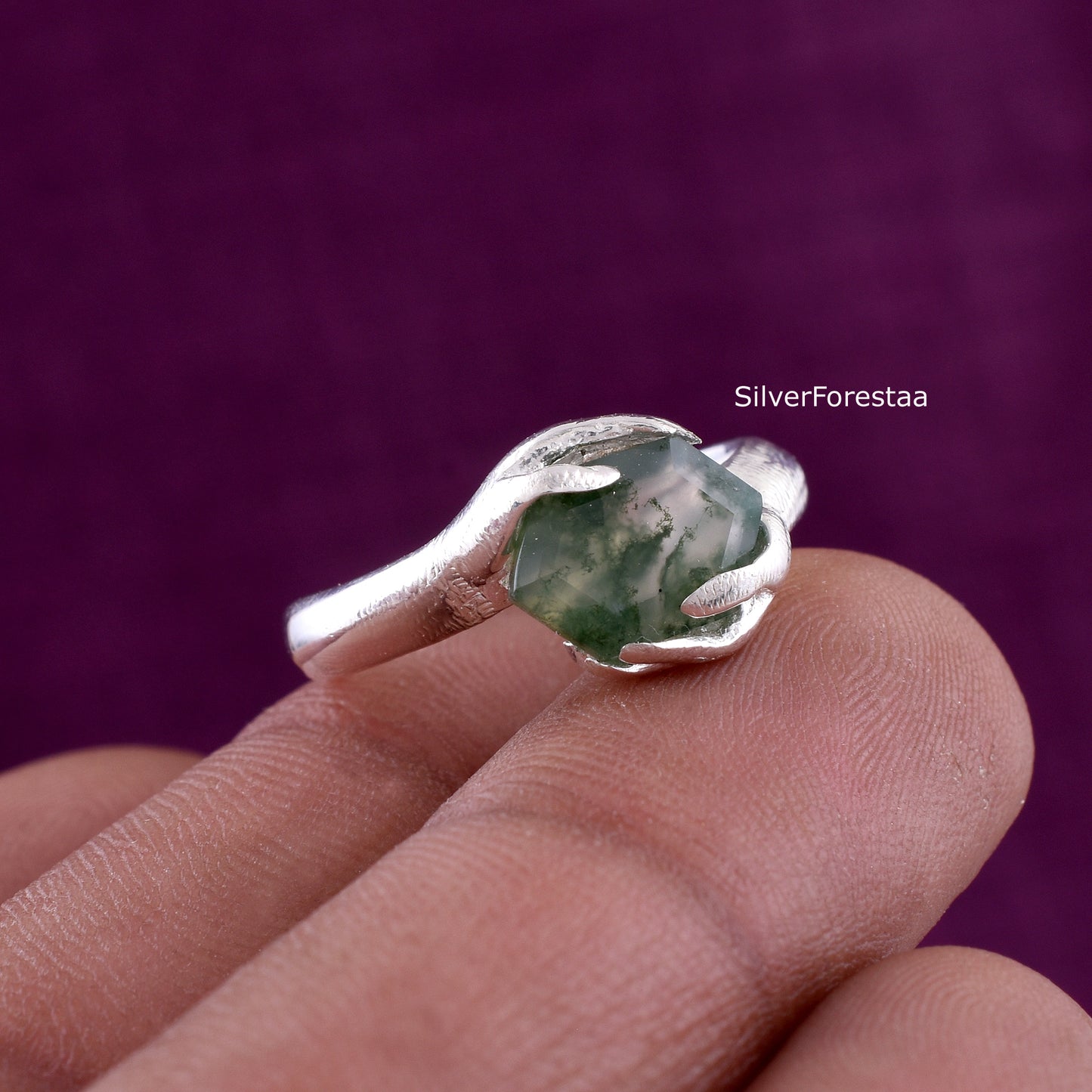 SilverForestaa - Shop Hexagon Moss agate Ring for Her