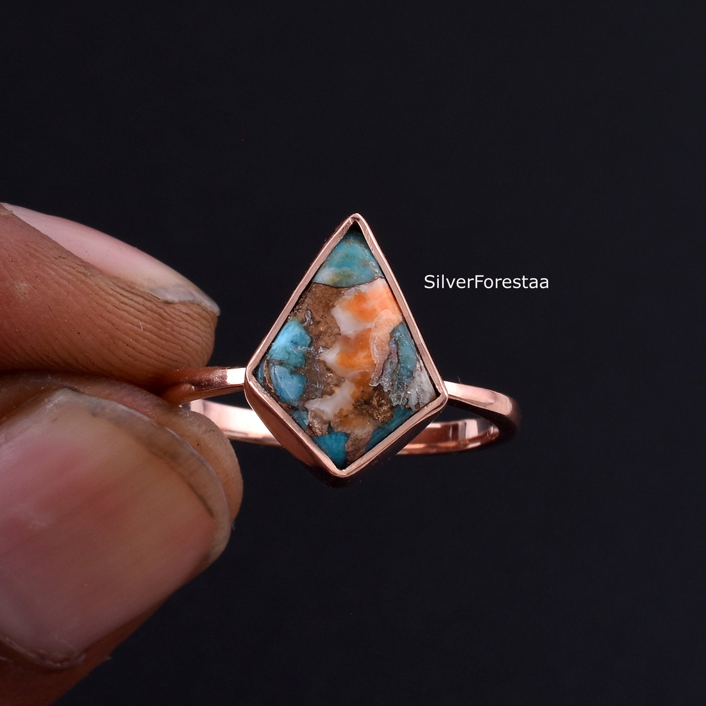 Oyster Copper Turquoise Silver Ring - Handmade Jewelry