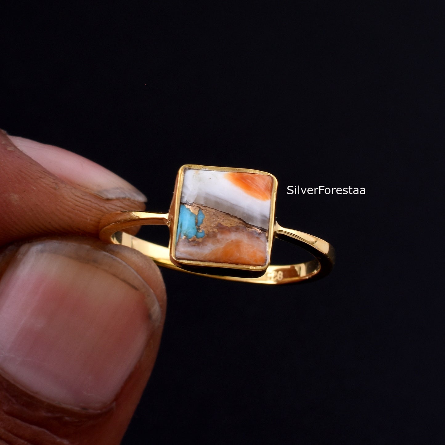 Copper Turquoise Silver Ring - Statement Jewelry