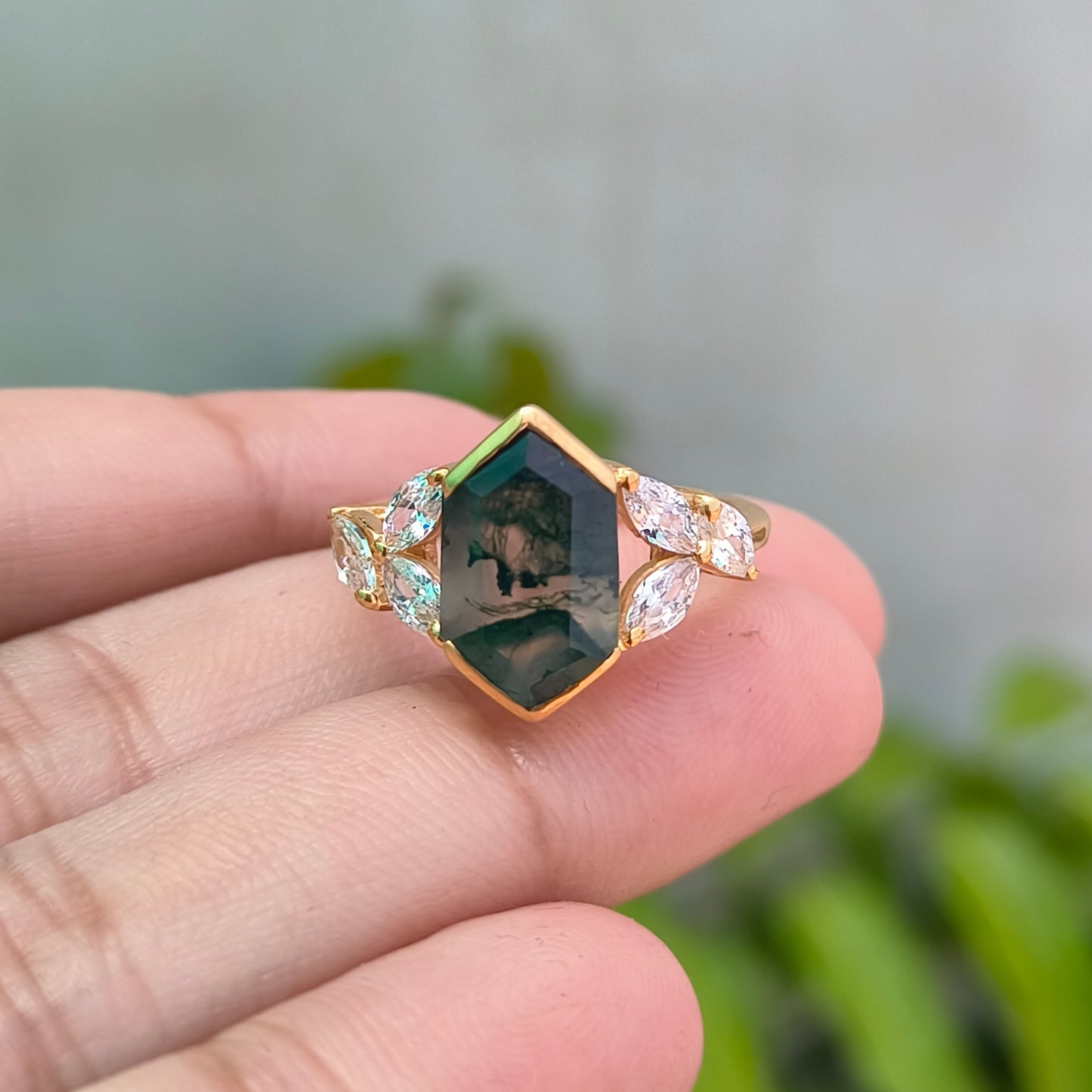 Hexagon Moss Agate Engagement Ring – 925 Sterling Silver